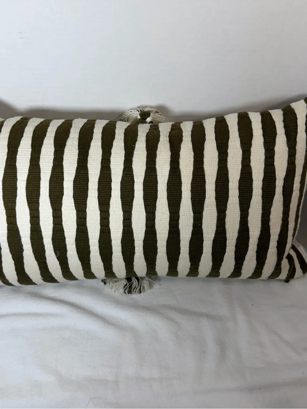 Archive NY Antigua 12x20 Inch Green & Cream Striped With Tassels Lumbar Pillow